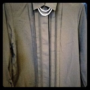 Women's black button down blouse with pearls